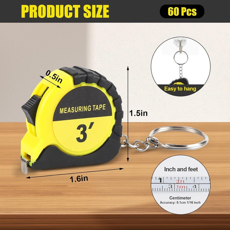 akrishely 60 Pcs Mini Measuring Tape Keychains 3 Ft Small Tape Measure Inch Metric Scale Bulk with Lock Steel Easy Read Pocket for Party Favors Birthday Daily Use（Yellow） - Image 2
